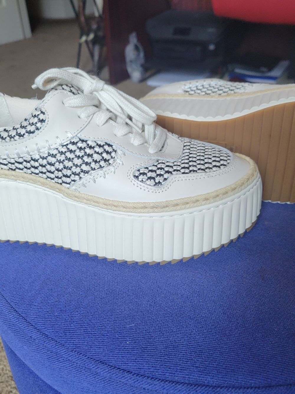 Platform Knit-Panel Lace-Up Sneakers in White and Black